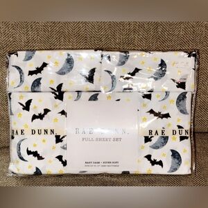 NWT Rae Dunn Fall/Halloween White Sheet Set with Moons and Black Bats FULL SIZE